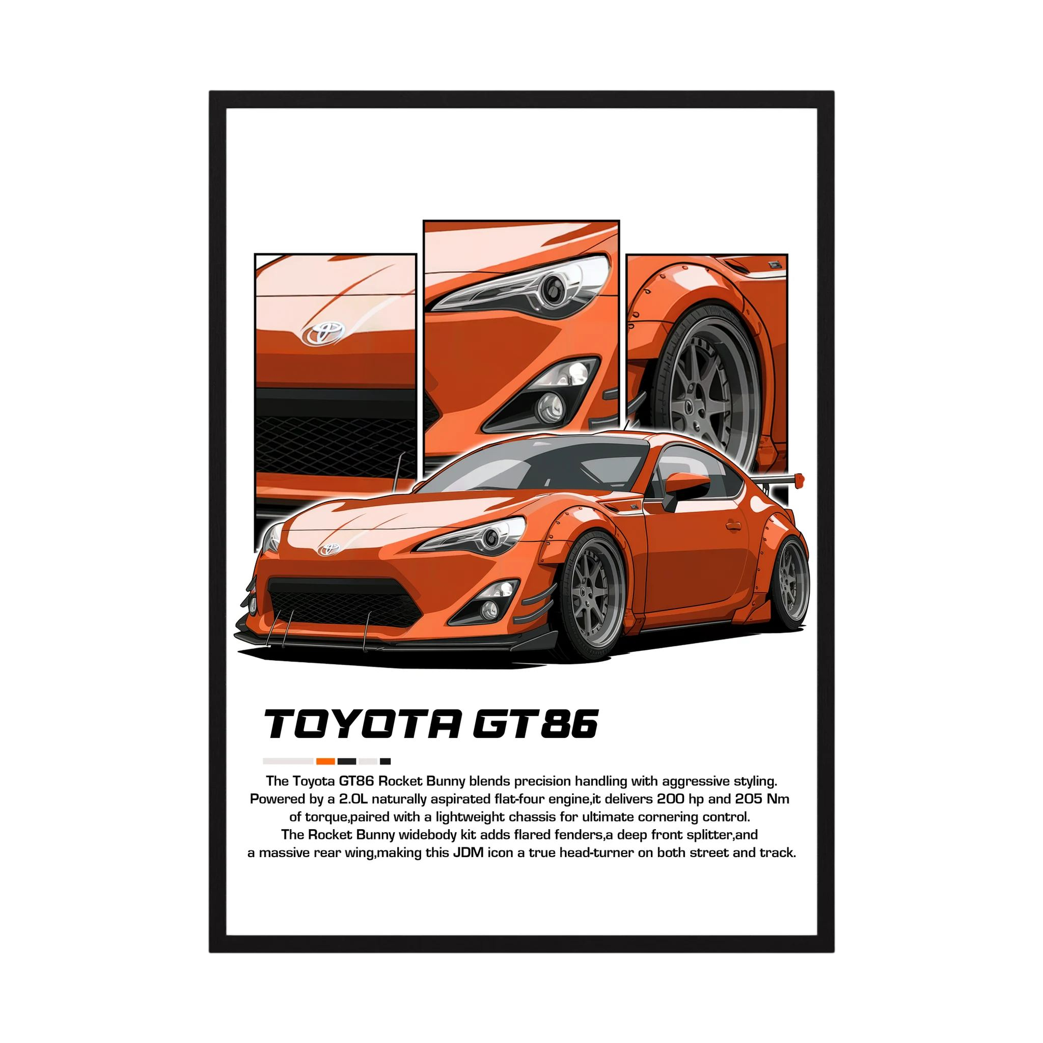 Orange Toyota GT86 illustration with close-up headlight, wheel and bodywork panels.