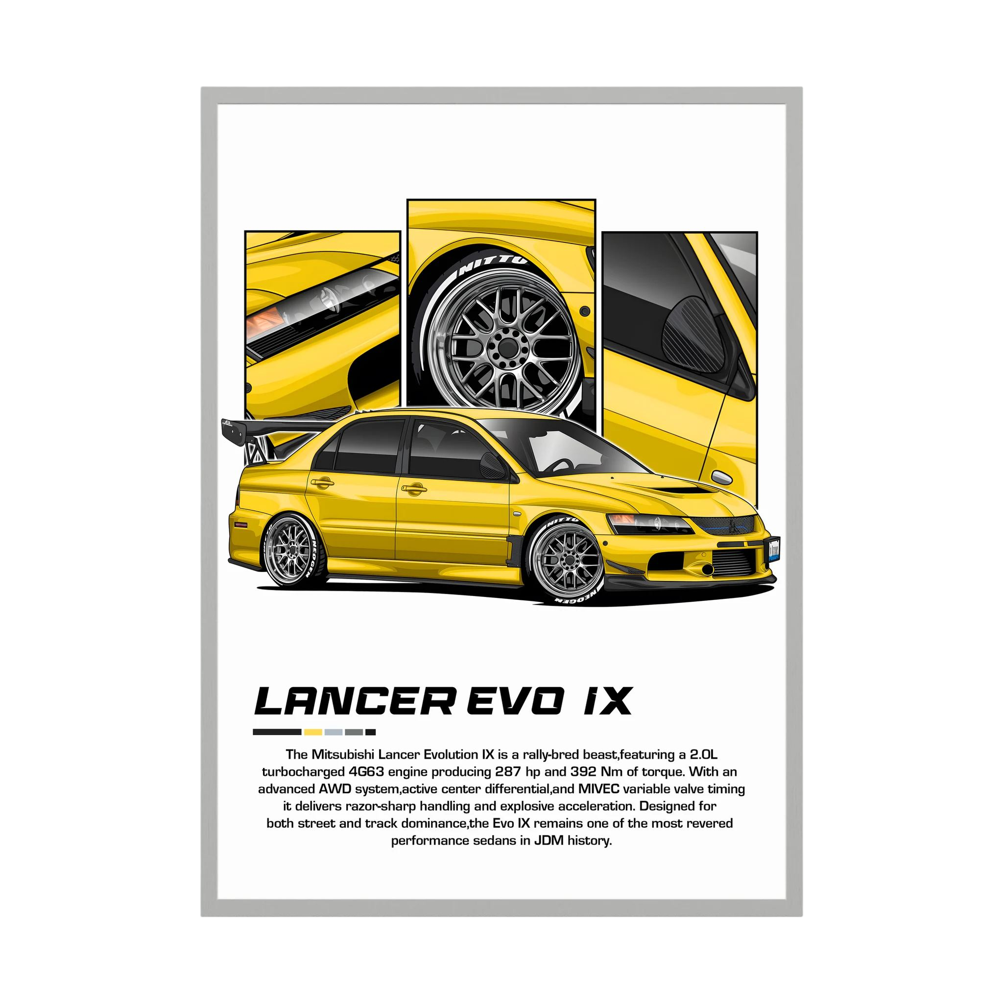 Yellow Mitsubishi Lancer Evolution IX illustration with close-up wheel and body panels.