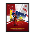 Red Formula One racing poster with driver, car and Australian flag graphics.