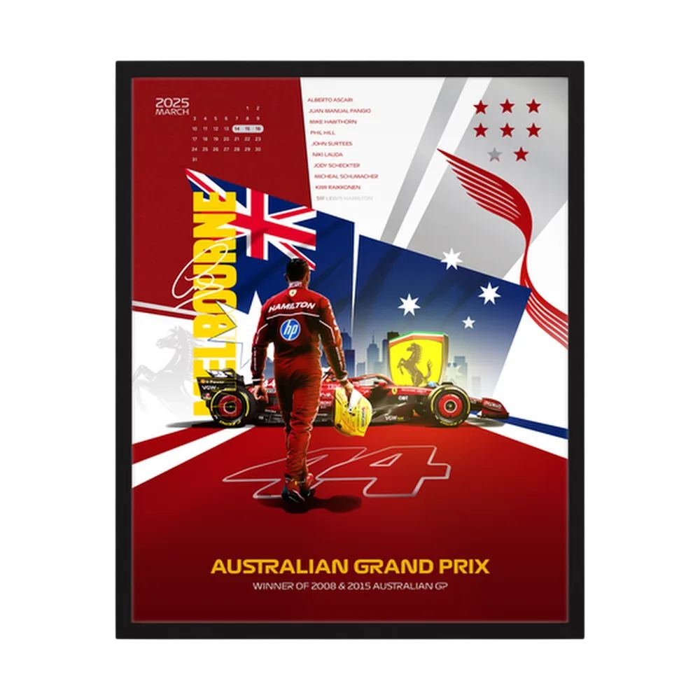 Red Formula One racing poster with driver, car and Australian flag graphics.
