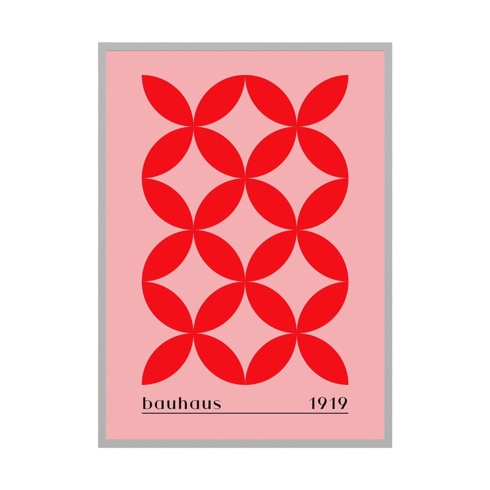 Red petal-shaped Bauhaus pattern on a soft pink background.