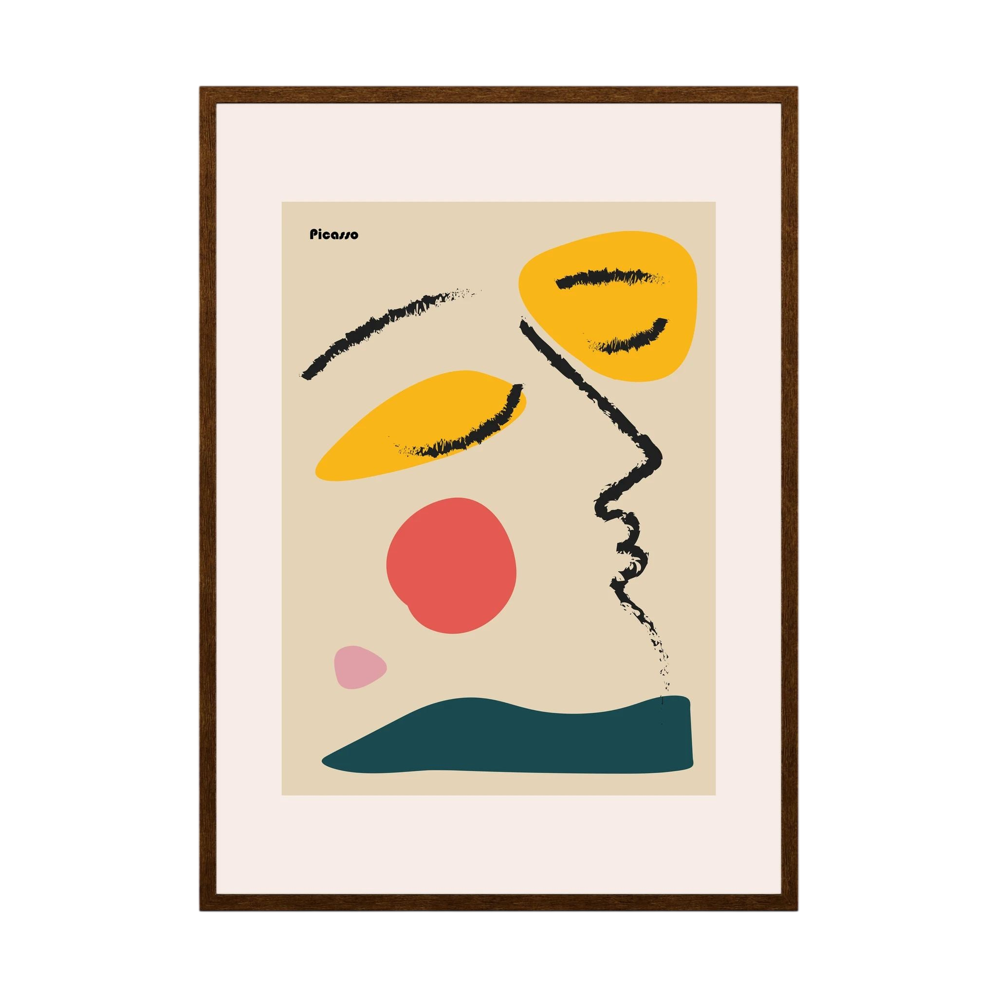 Black brush lines trace a side profile among orange, yellow, coral, pink and deep teal shapes, shown in product view 3.