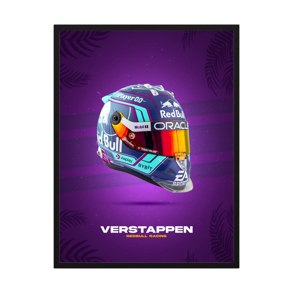 Purple and multicolour Verstappen racing helmet poster on a violet background.
