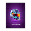 Purple and multicolour Verstappen racing helmet poster on a violet background.
