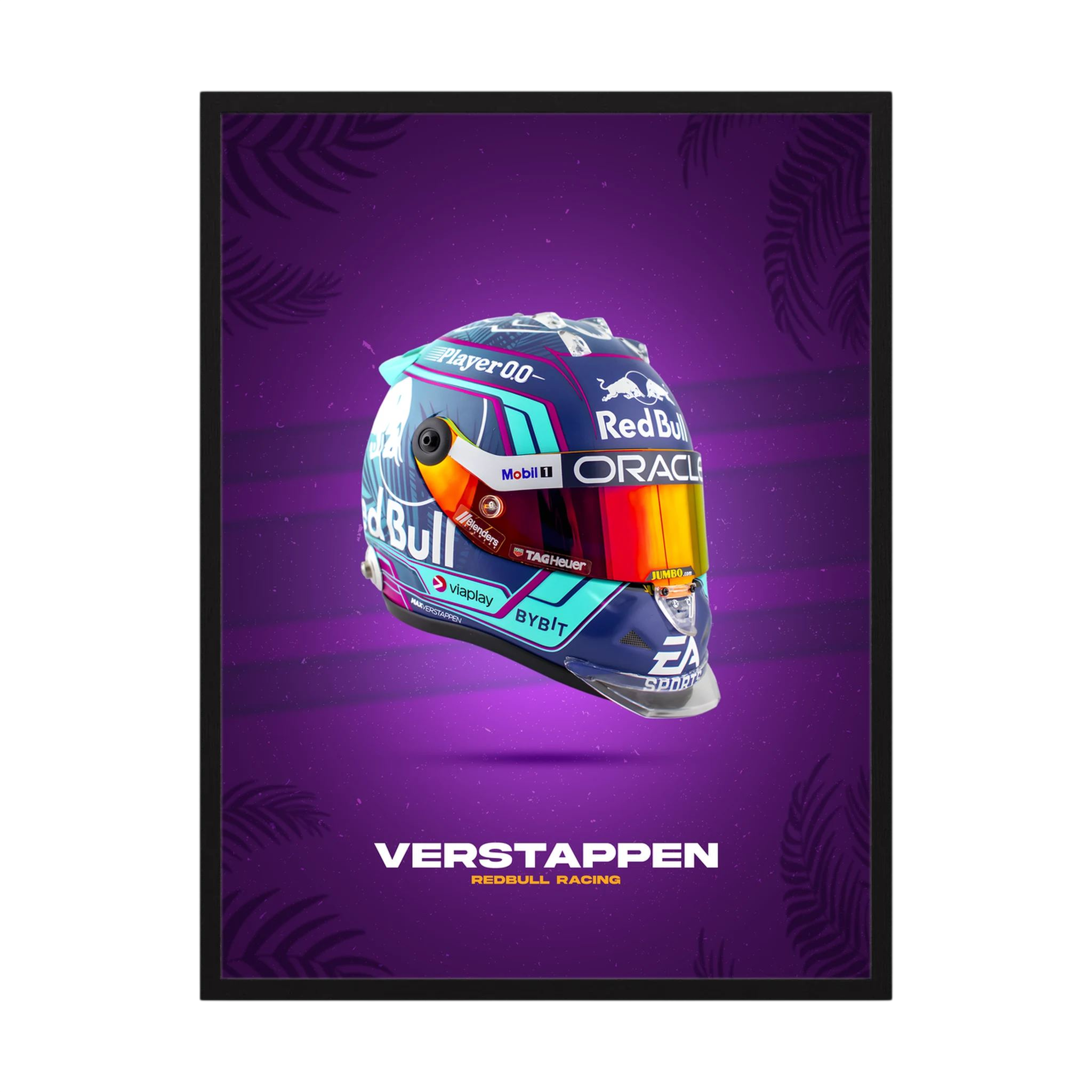 Purple and multicolour Verstappen racing helmet poster on a violet background.