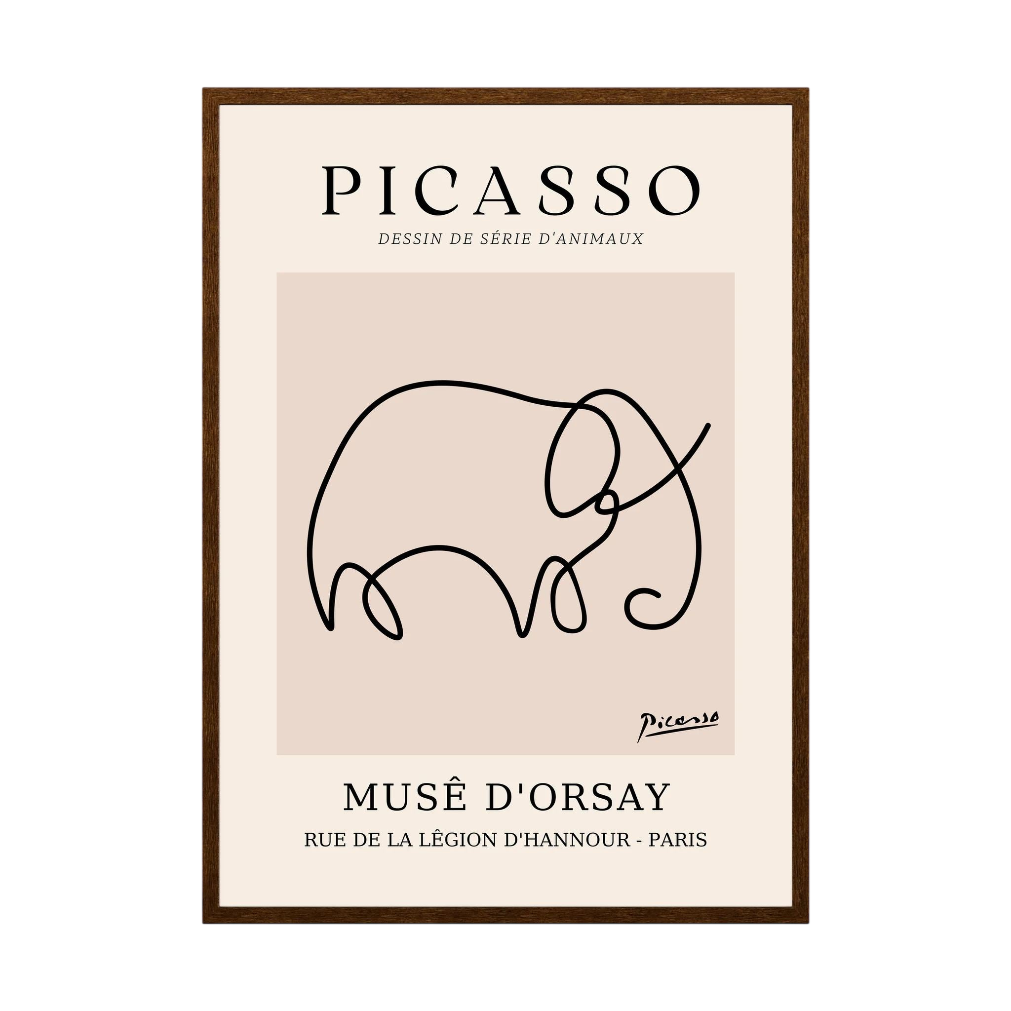 Single flowing black line forms an elephant on a warm beige museum-style poster, shown in product view 4.