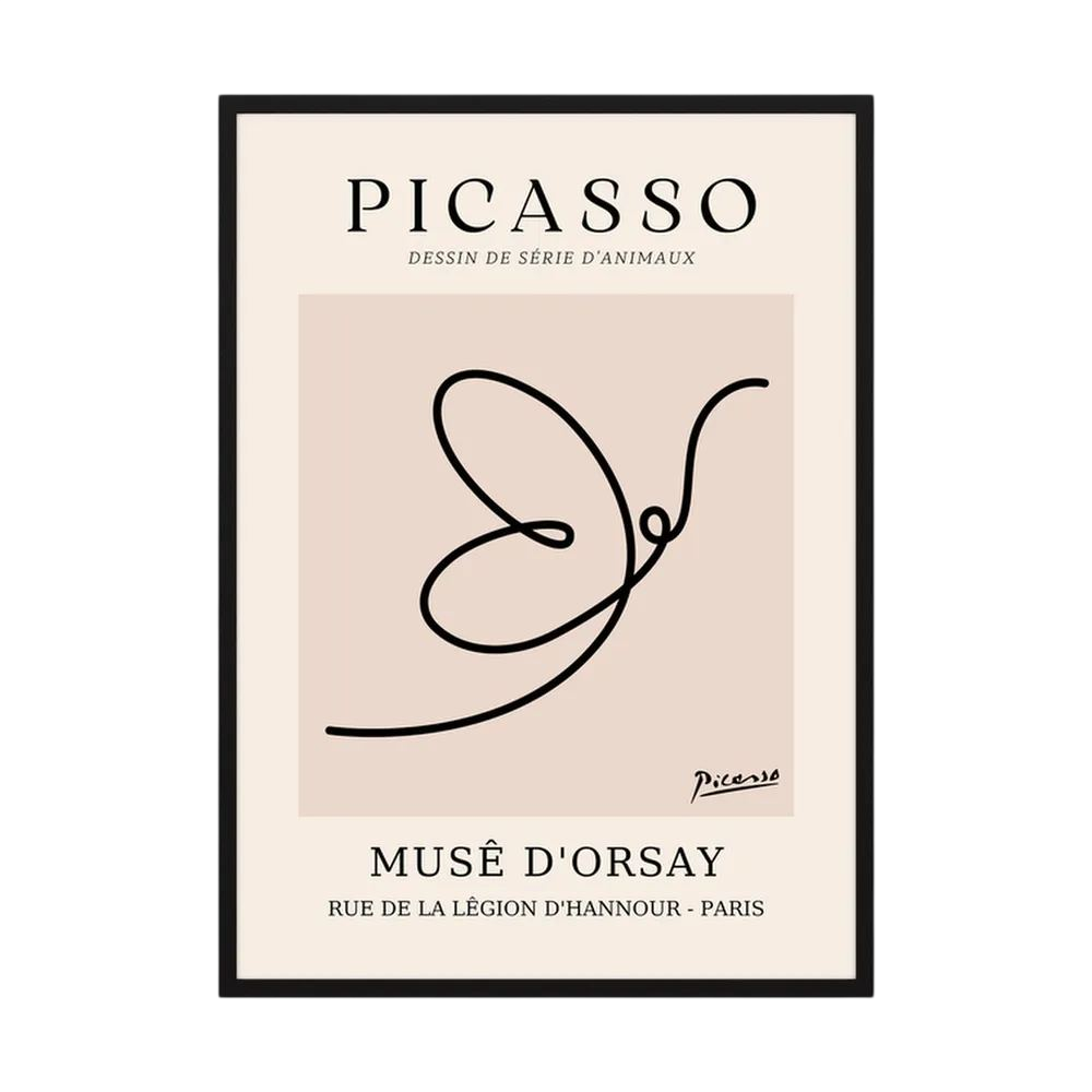Single continuous black line forms a butterfly within a warm beige museum-style poster layout, shown in product view 2.