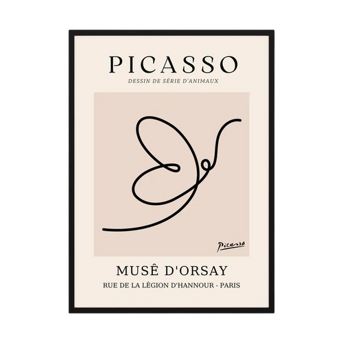 Single continuous black line forms a butterfly within a warm beige museum-style poster layout, shown in product view 2.