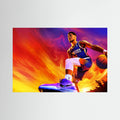Devin Booker drives with a basketball against an intense orange, purple and blue background.