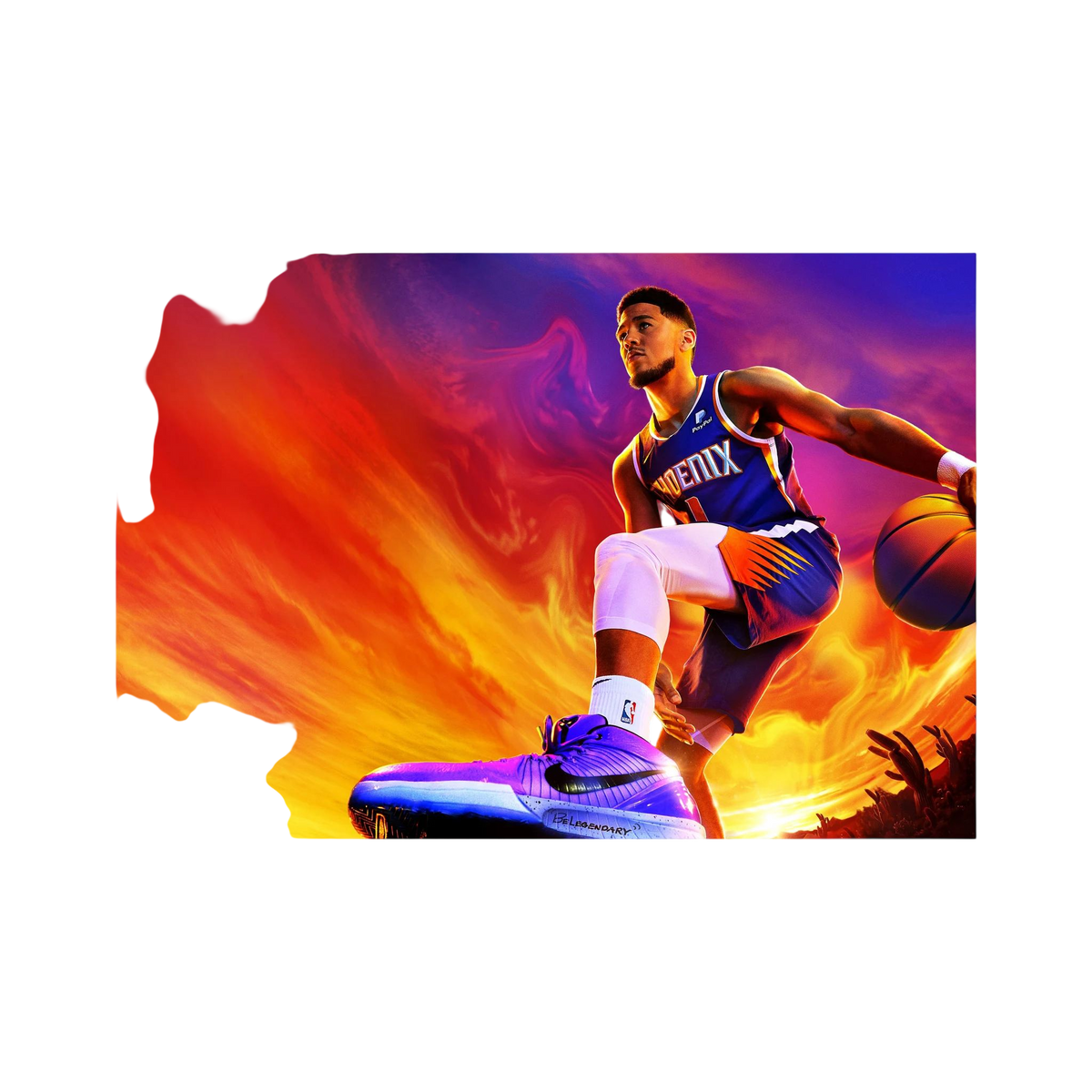Devin Booker drives with a basketball against an intense orange, purple and blue background.