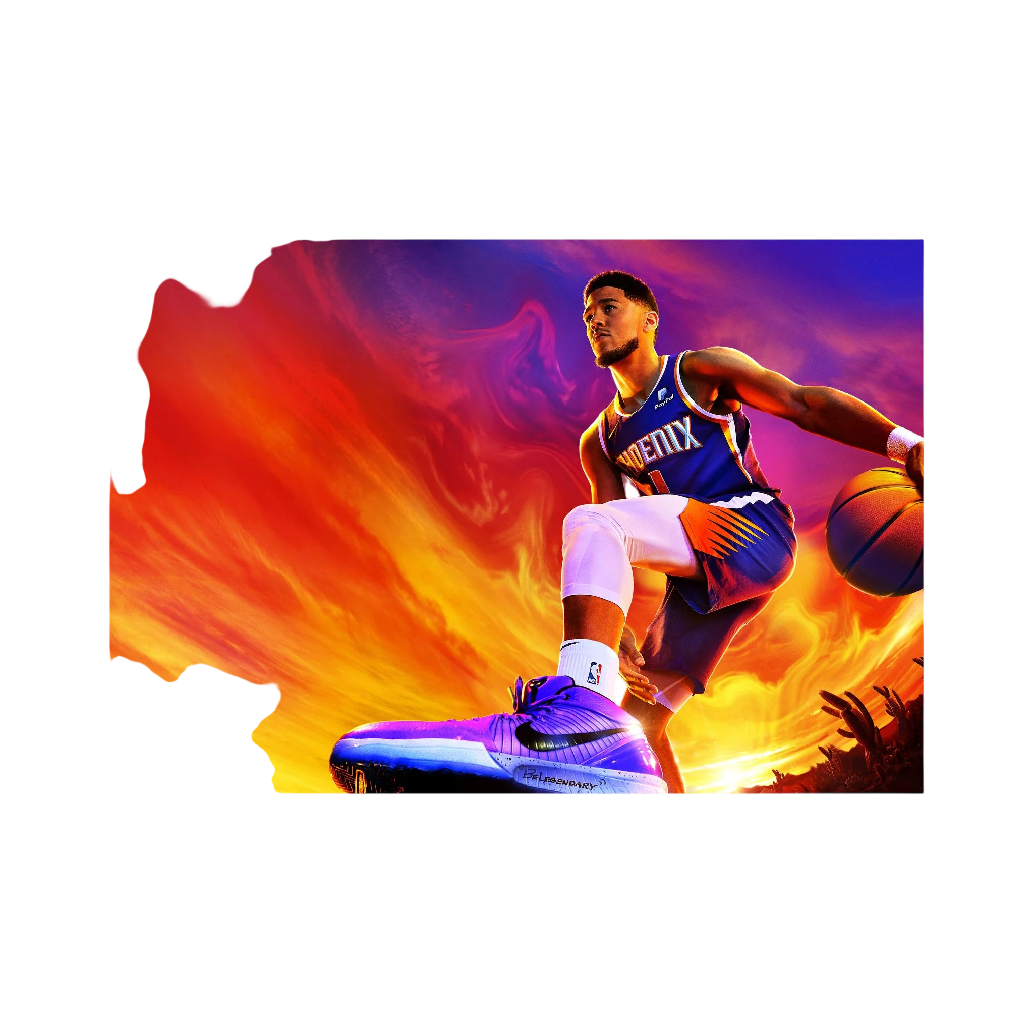 Devin Booker drives with a basketball against an intense orange, purple and blue background.