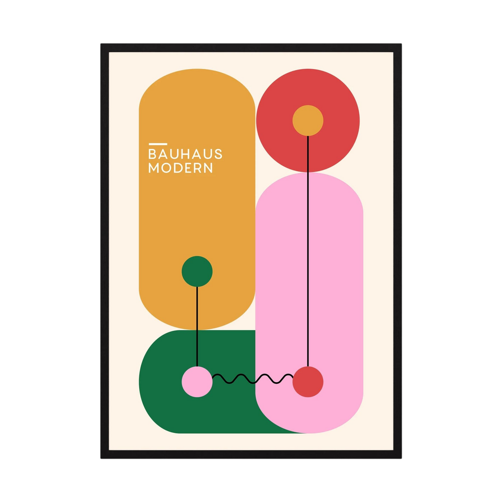 Colourful Bauhaus design with mustard, green and pink rounded geometric shapes.