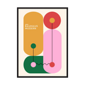 Colourful Bauhaus design with mustard, green and pink rounded geometric shapes.