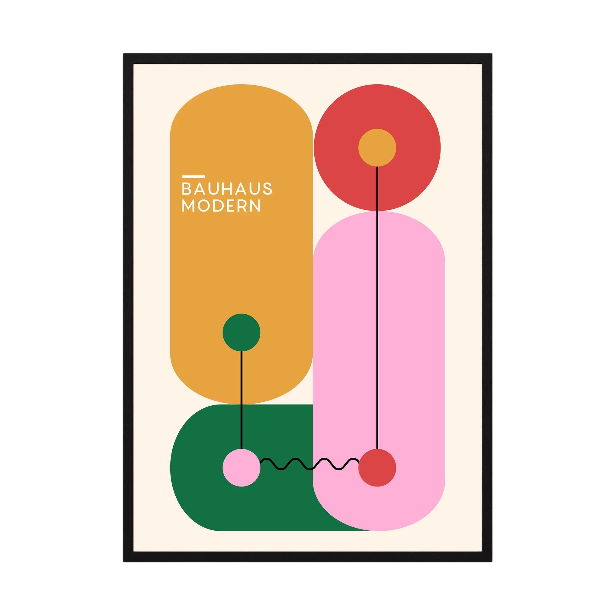 Colourful Bauhaus design with mustard, green and pink rounded geometric shapes.