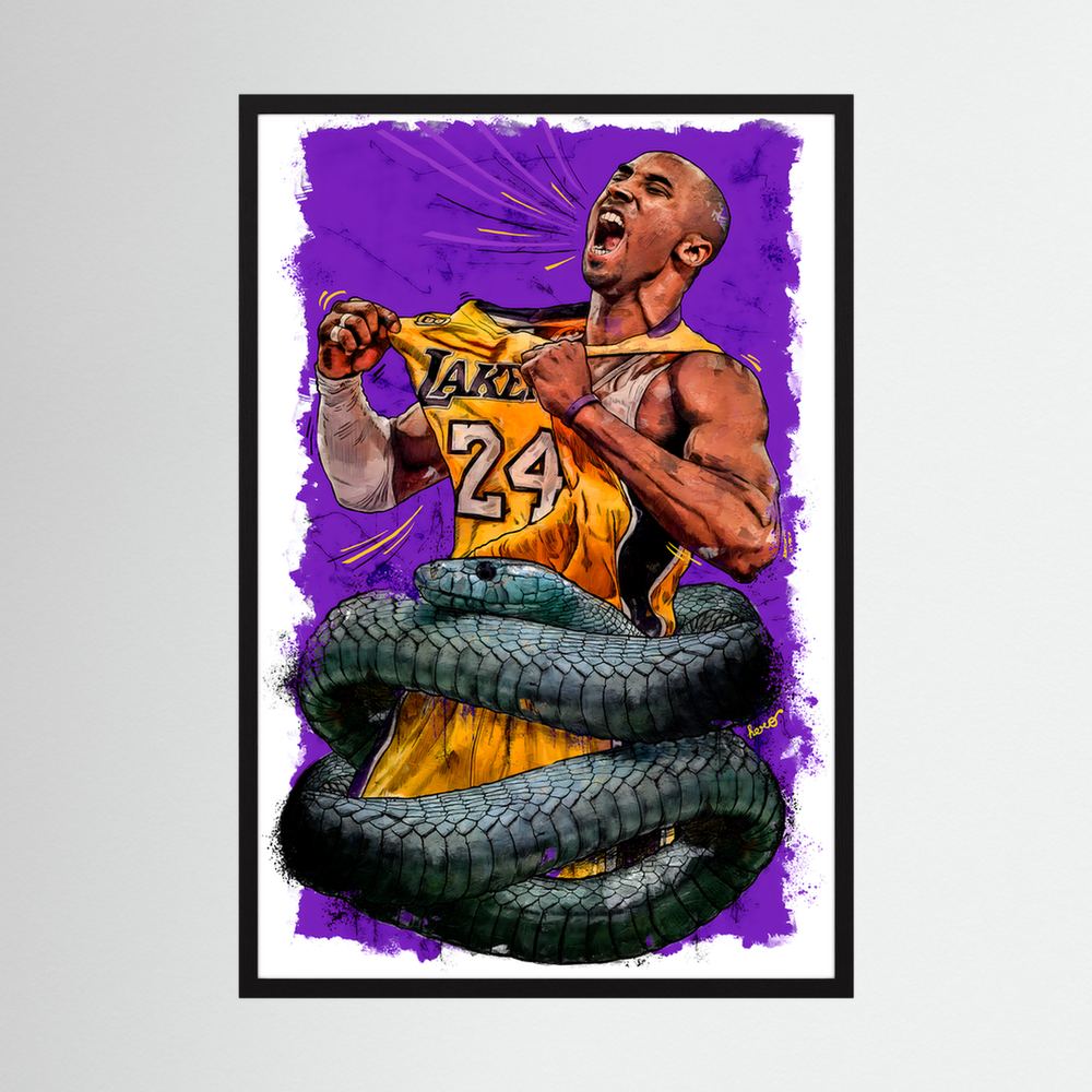 Purple and gold basketball portrait with coiled serpent, shown in a dark oak wooden frame.