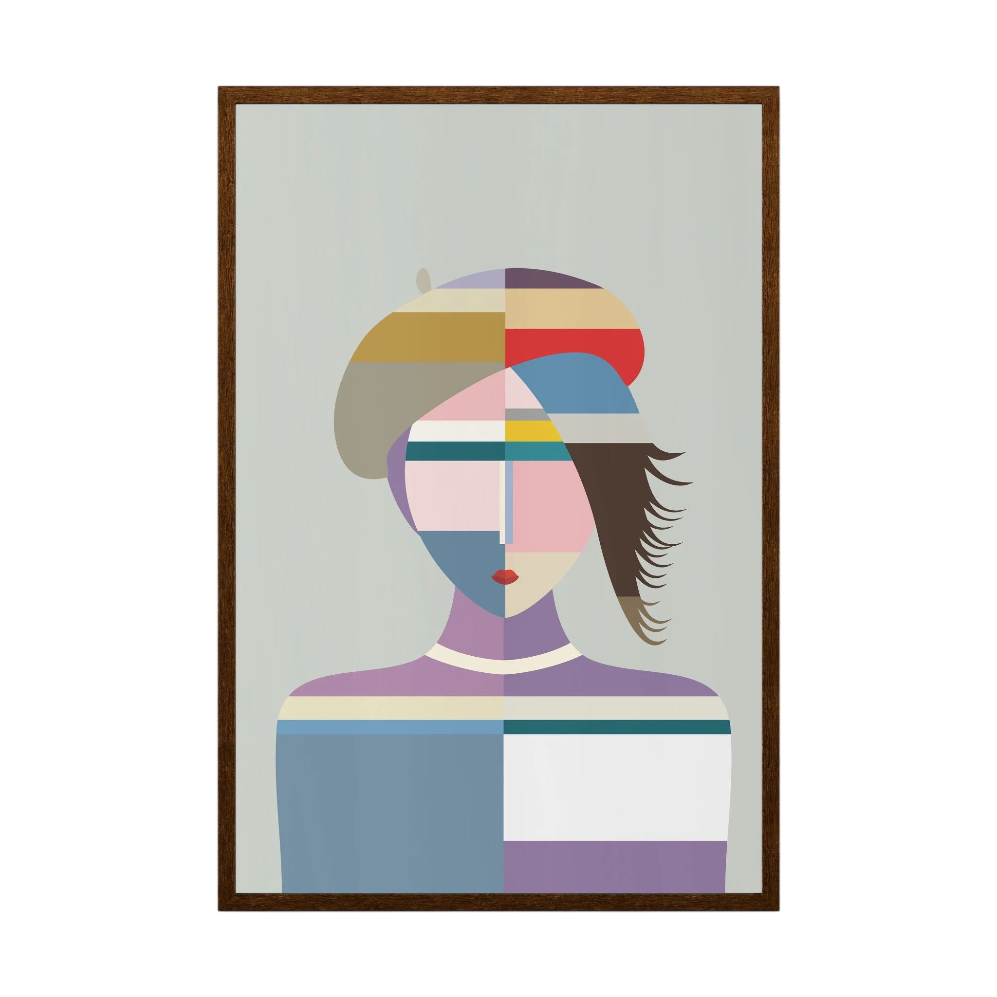 Faceted portrait of a woman in a red cap rendered in blue, lavender, grey and cream.