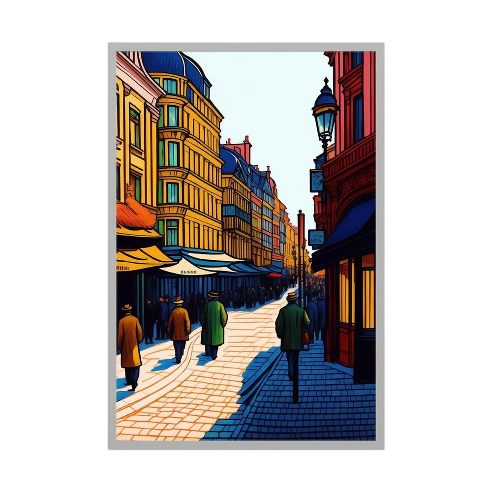 Colourful illustrated European street with warm buildings, blue shadows and pedestrians.