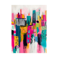 Colourful abstract cityscape in pink, teal, yellow and black.