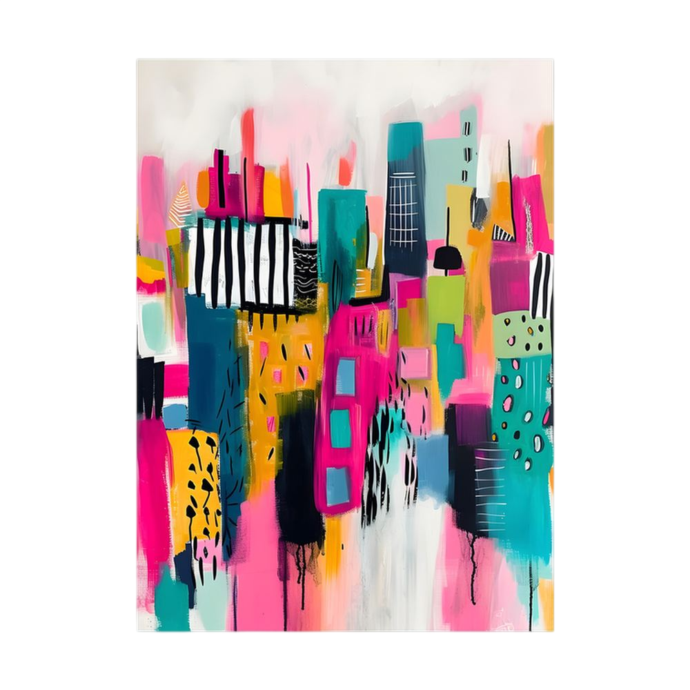 Colourful abstract cityscape in pink, teal, yellow and black.