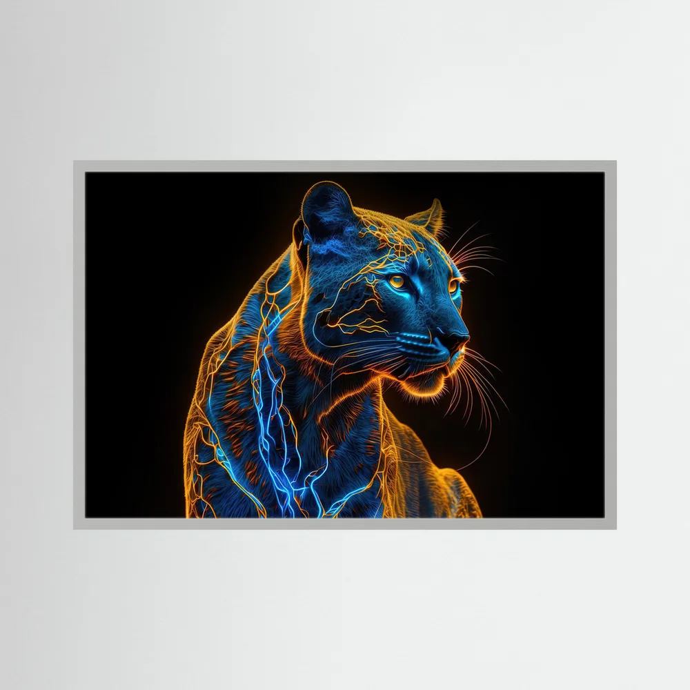 Leopard portrait outlined in electric blue and fiery orange light against a deep black background, shown in product view 3.