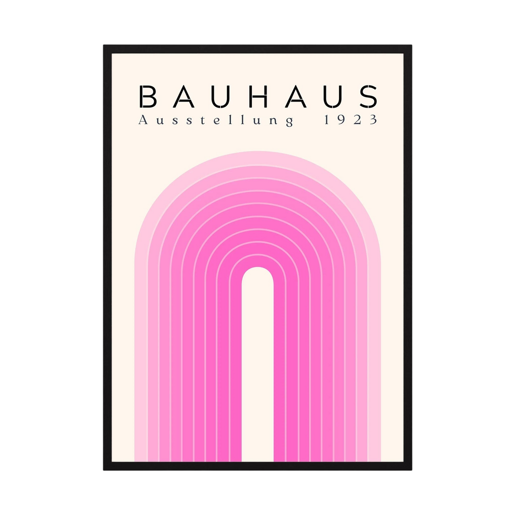 Pink Bauhaus poster with layered concentric arch lines on cream.
