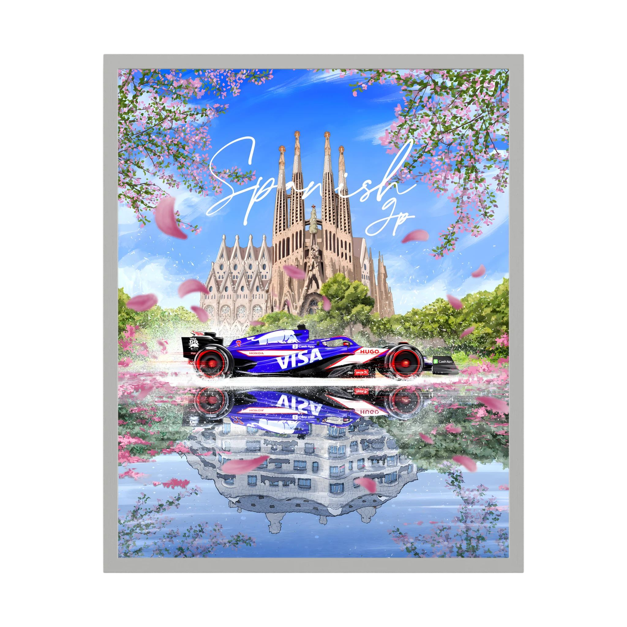 Formula One car before Barcelona's Sagrada Família with pink blossom and mirrored water.