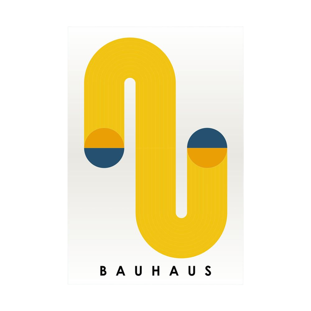 Yellow looping geometric form with navy and ochre circles.
