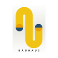 Yellow looping geometric form with navy and ochre circles.
