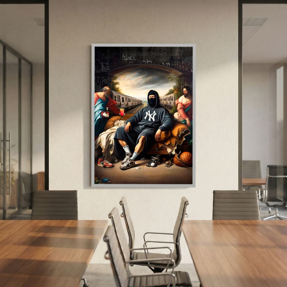 Alternative size view of Renaissance-inspired street art group portrait, shown in a dark oak wooden frame.