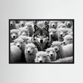 Black and white wolf with vivid blue eyes stands centred among a dense flock of white sheep, shown in product view 4.