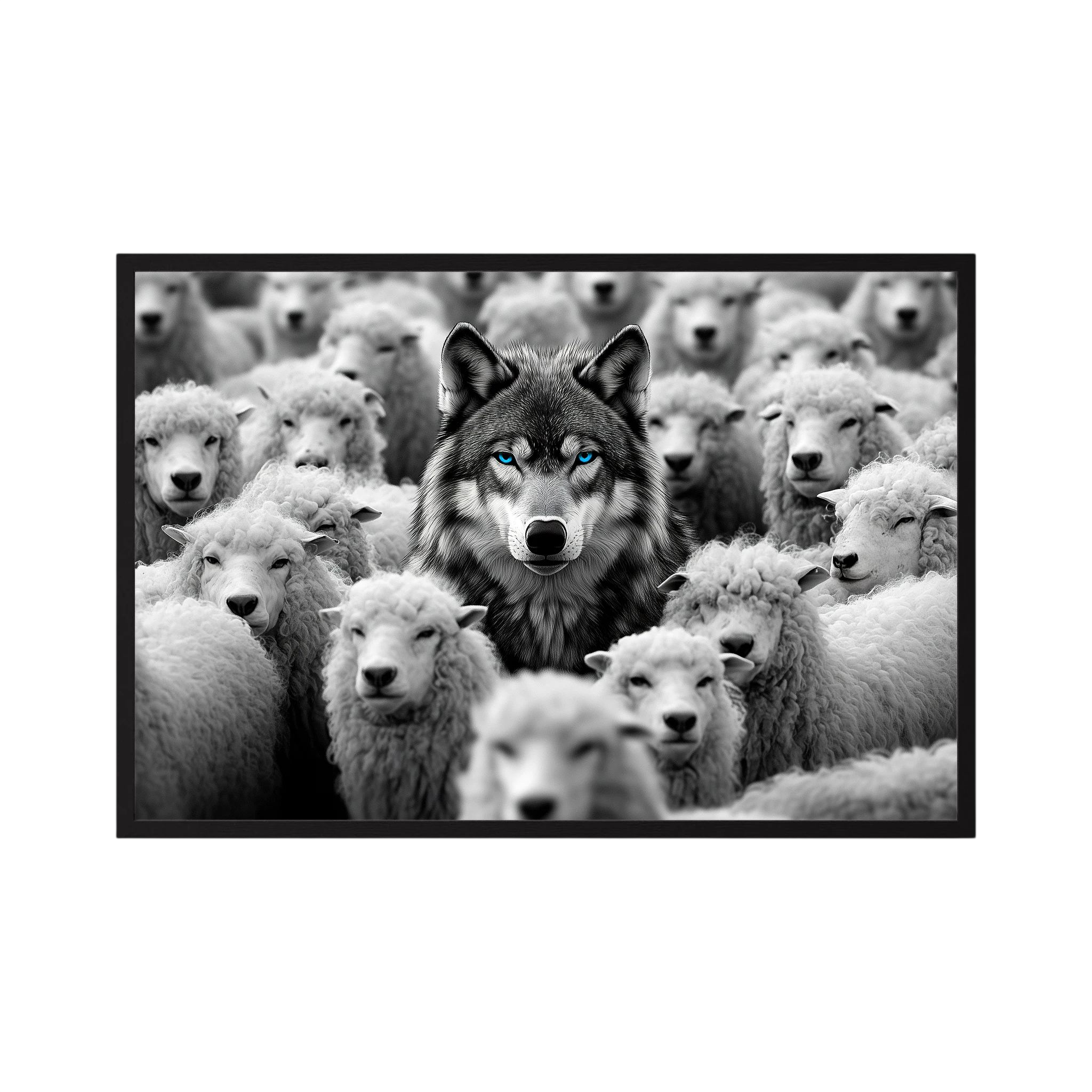 Black and white wolf with vivid blue eyes stands centred among a dense flock of white sheep, shown in product view 4.