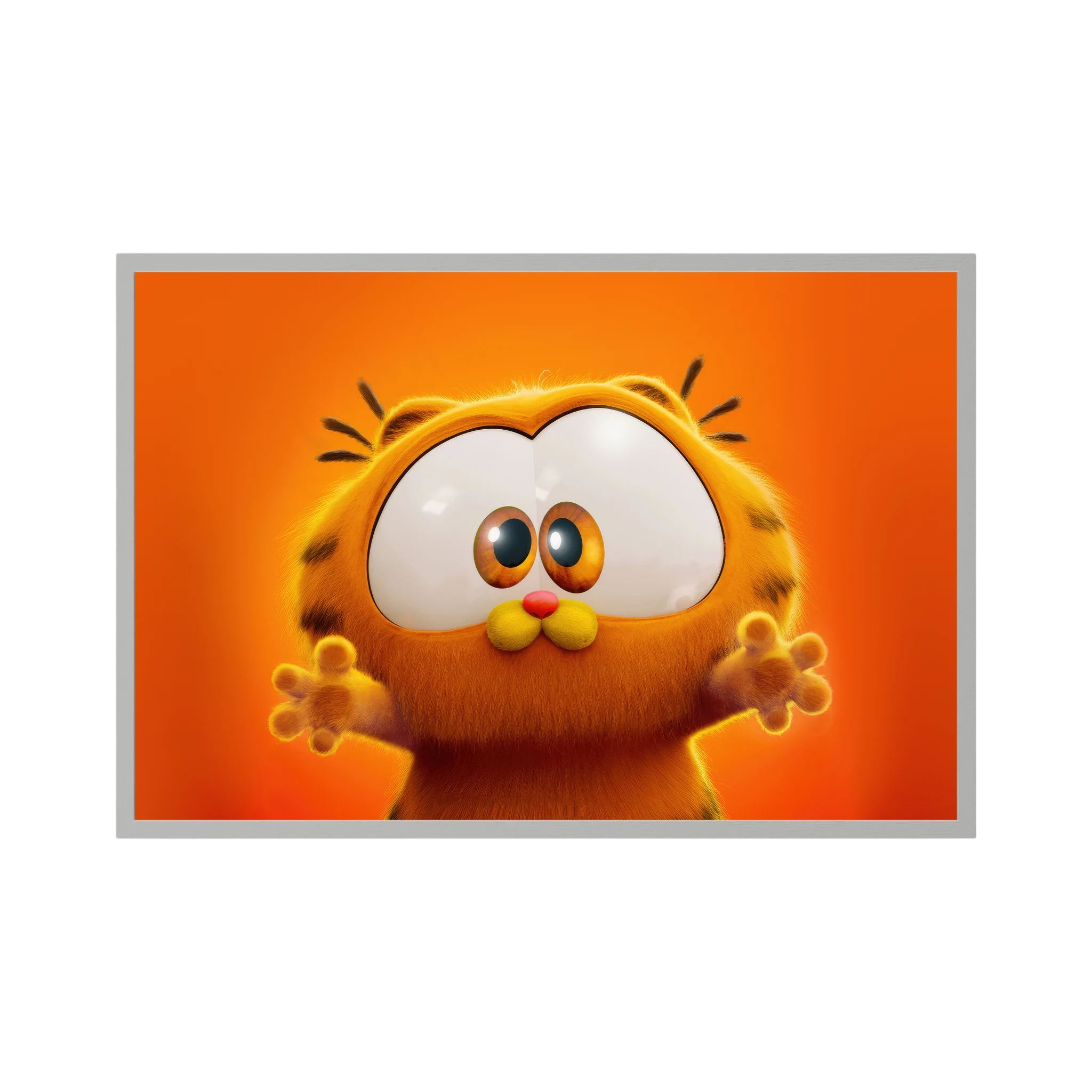 Wide-eyed orange cartoon cat reaches forward against a glowing orange background.