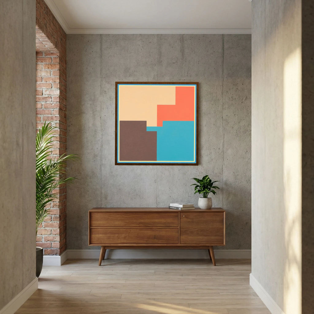 Coral, turquoise, brown and cream blocks overlap within a crisp geometric border, shown in product view 6.