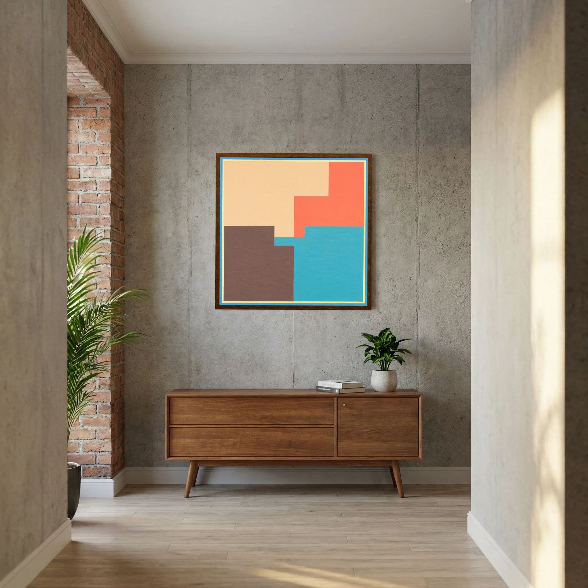 Coral, turquoise, brown and cream blocks overlap within a crisp geometric border, shown in product view 6.
