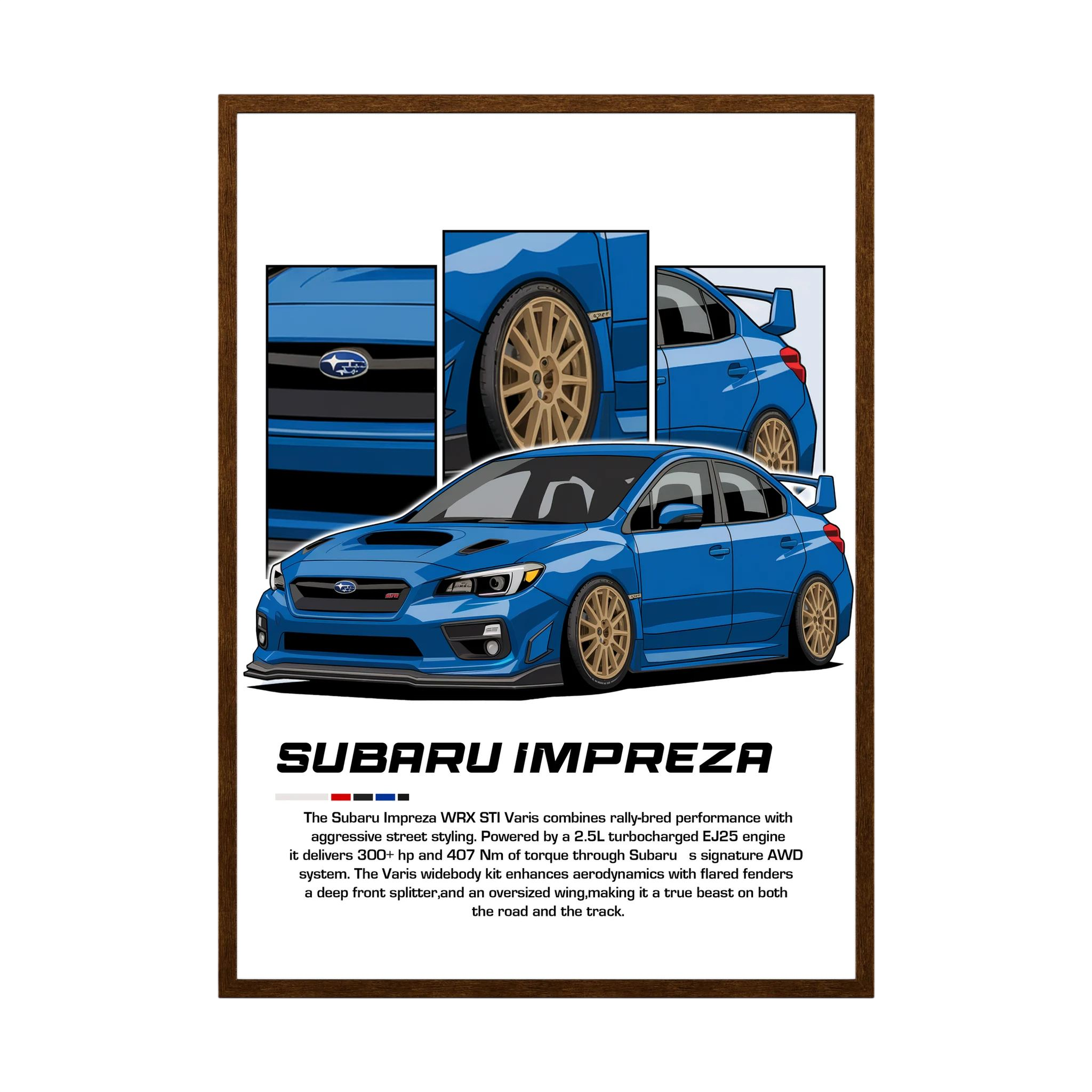 Blue Subaru Impreza illustration with gold wheels and close-up body panels.