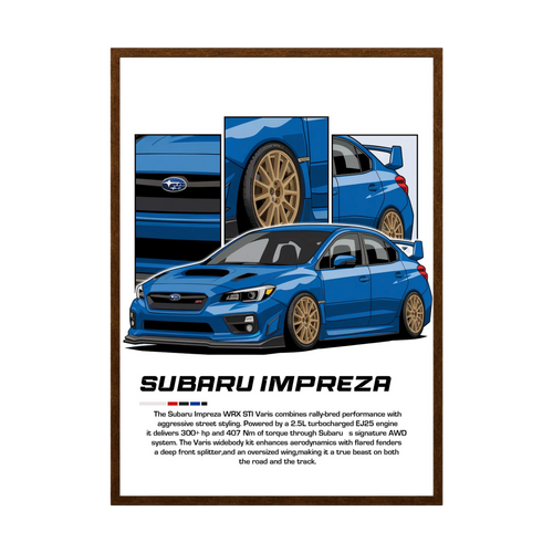 Blue Subaru Impreza illustration with gold wheels and close-up body panels.
