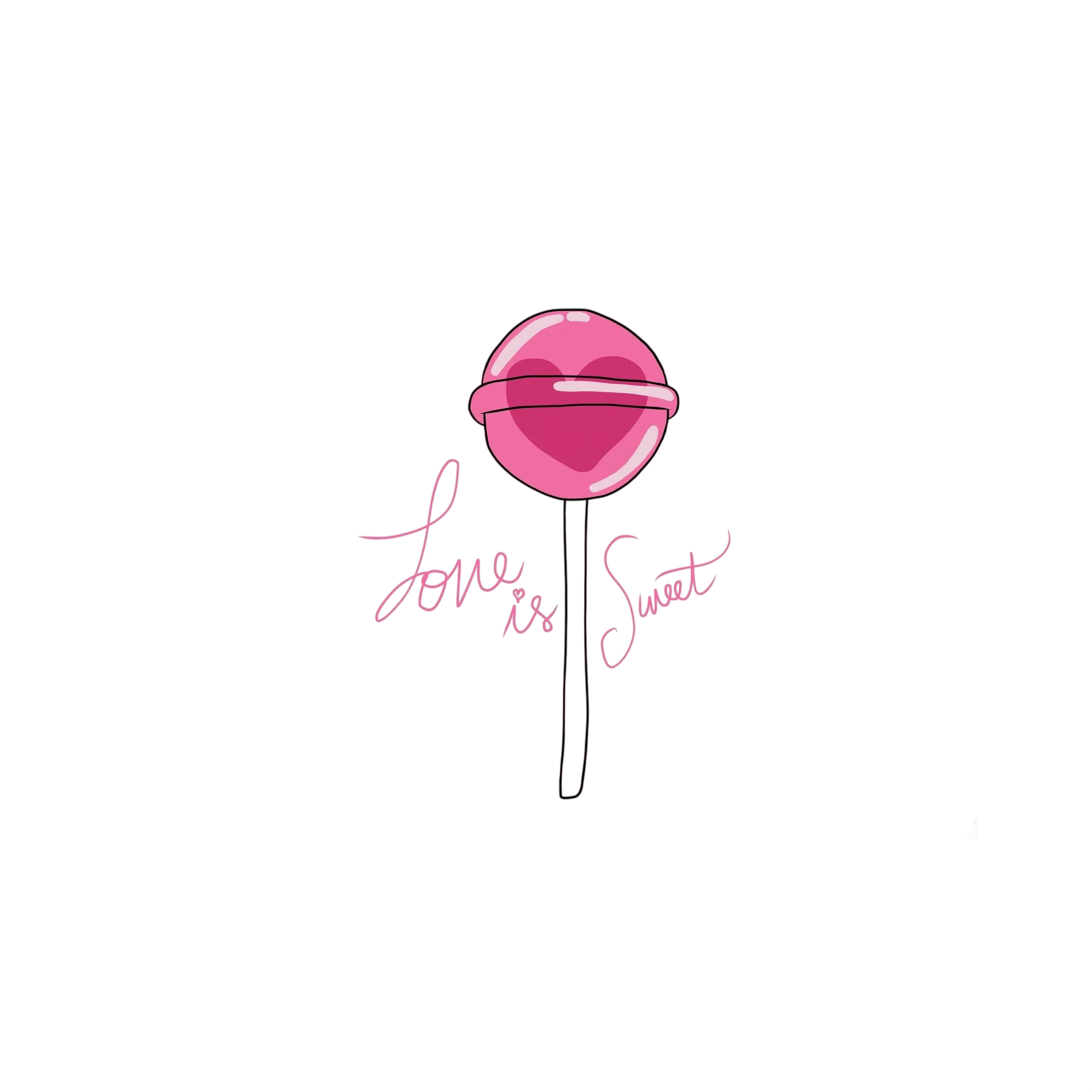 Pink heart-centred lollipop accompanies delicate script reading love is sweet on white, shown in product view 2.
