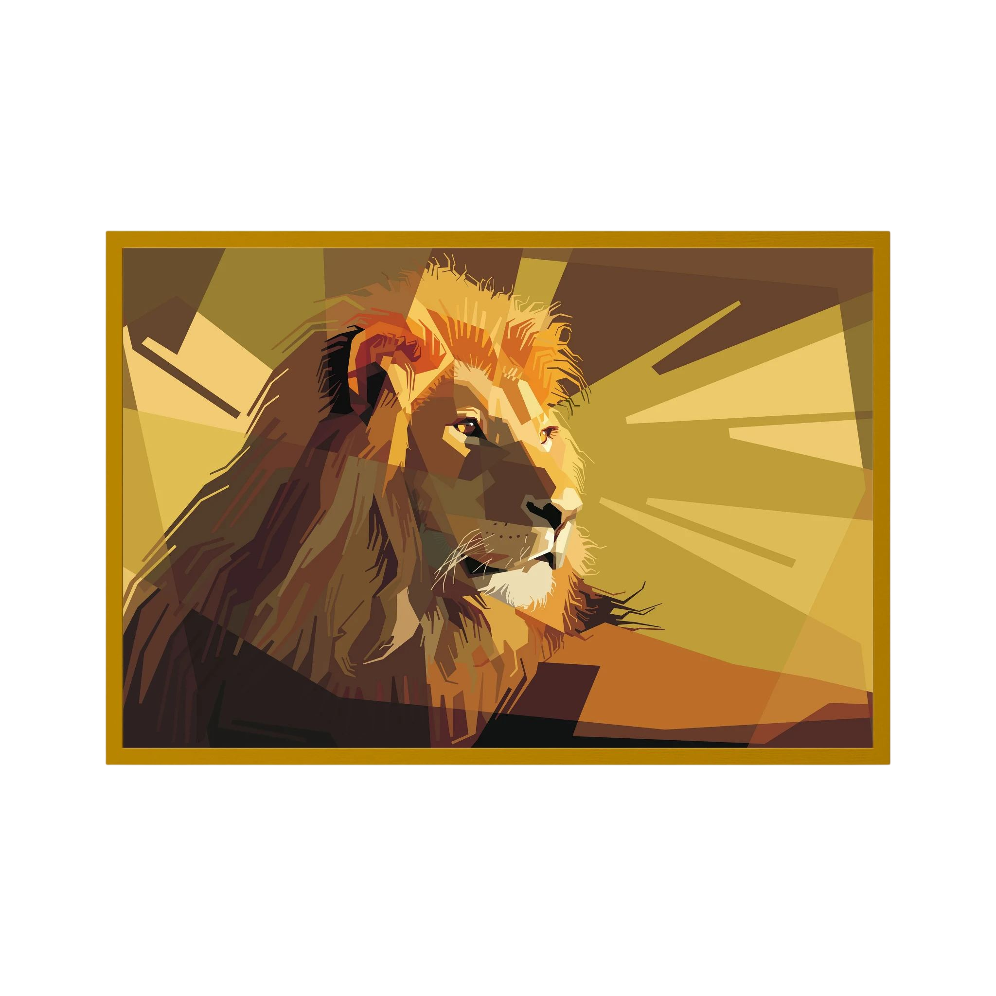 Geometric lion portrait in layered gold, brown and cream shapes.