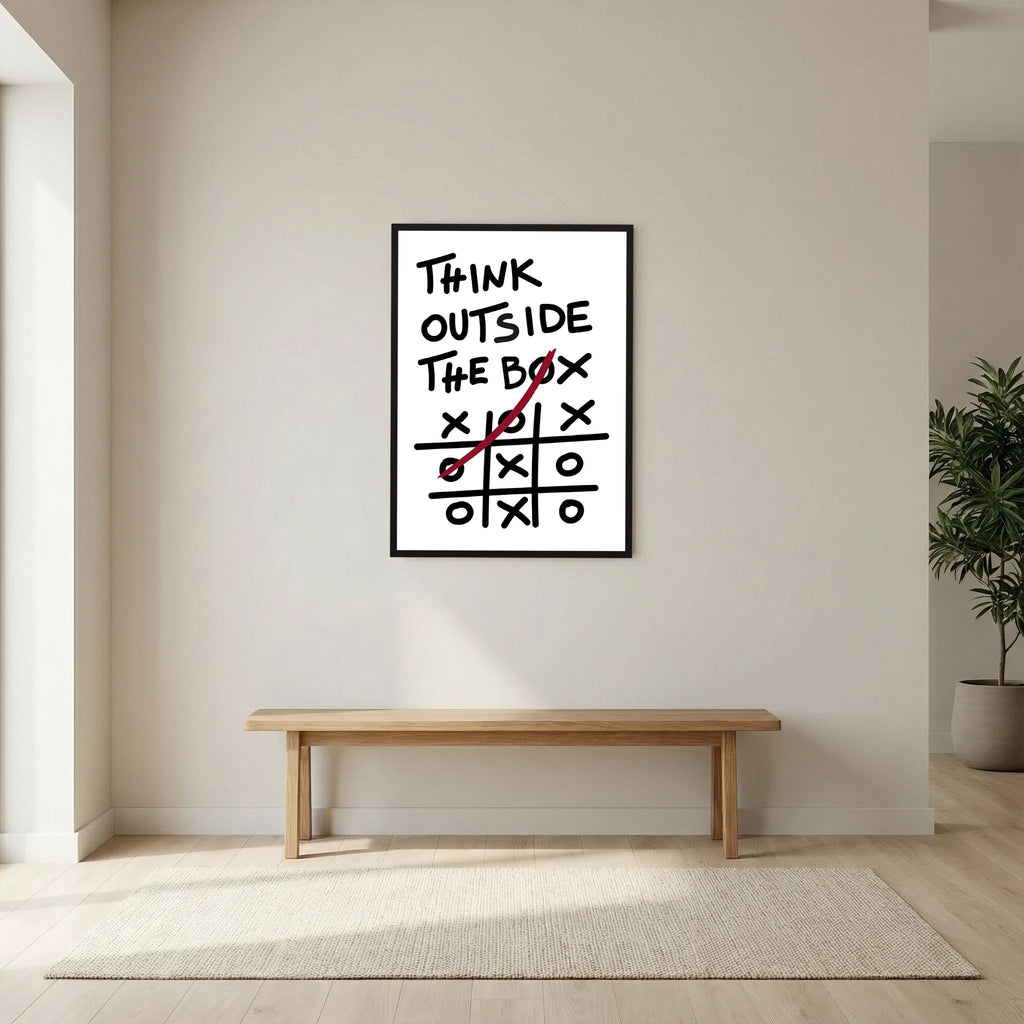 Hand-drawn think outside the box quote above a noughts-and-crosses grid with a red winning line, shown in product view 8.