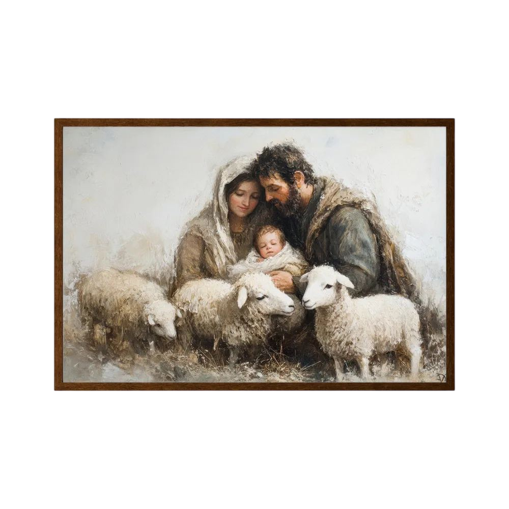 Softly painted family cradles a sleeping baby among white lambs in a quiet neutral landscape, shown in product view 4.