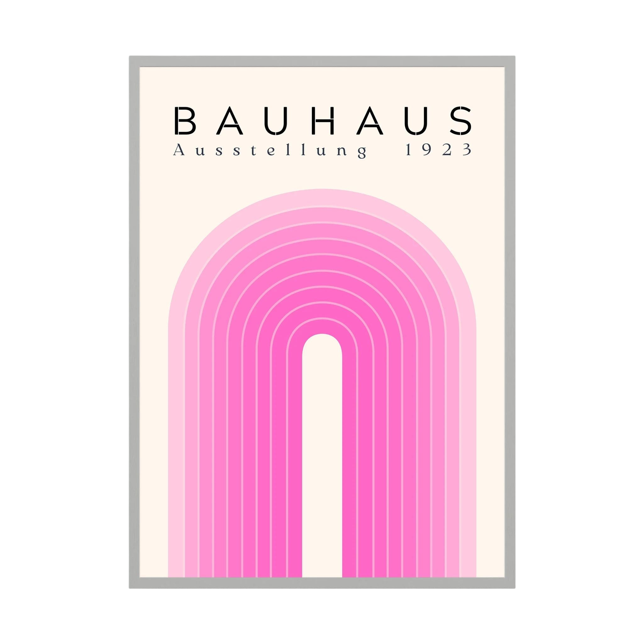 Pink Bauhaus poster with layered concentric arch lines on cream.