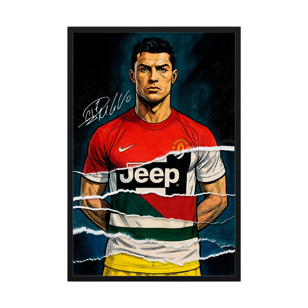 Red football portrait with club and national colour layers, shown in a dark oak wooden frame.