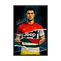 Red football portrait with club and national colour layers, shown in a dark oak wooden frame.
