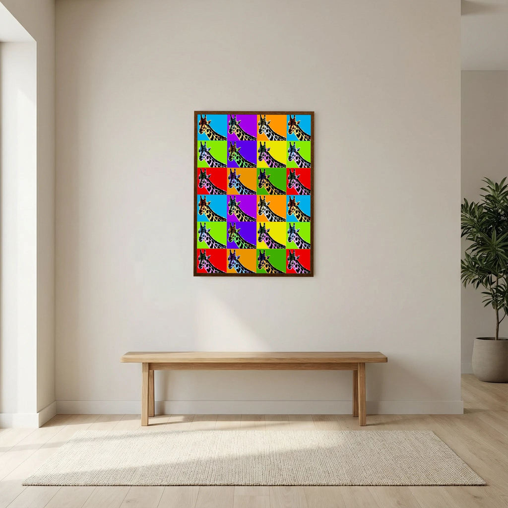Grid of repeating giraffe portraits set against bright blue, purple, orange, green, yellow and red panels, shown in product view 7.