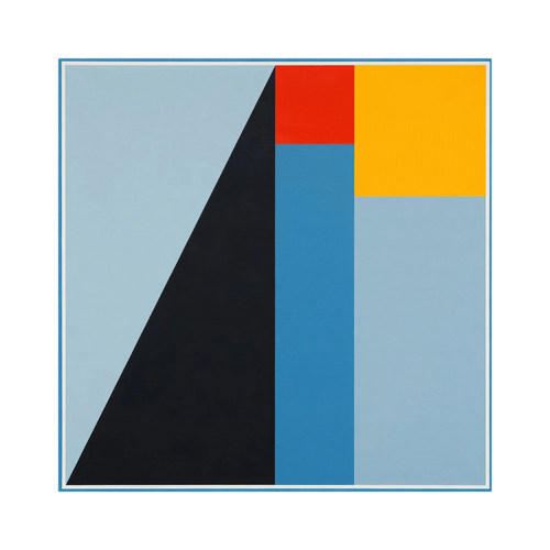 Pale blue, navy, yellow and red geometric planes form a strong ascending abstract composition, shown in product view 2.