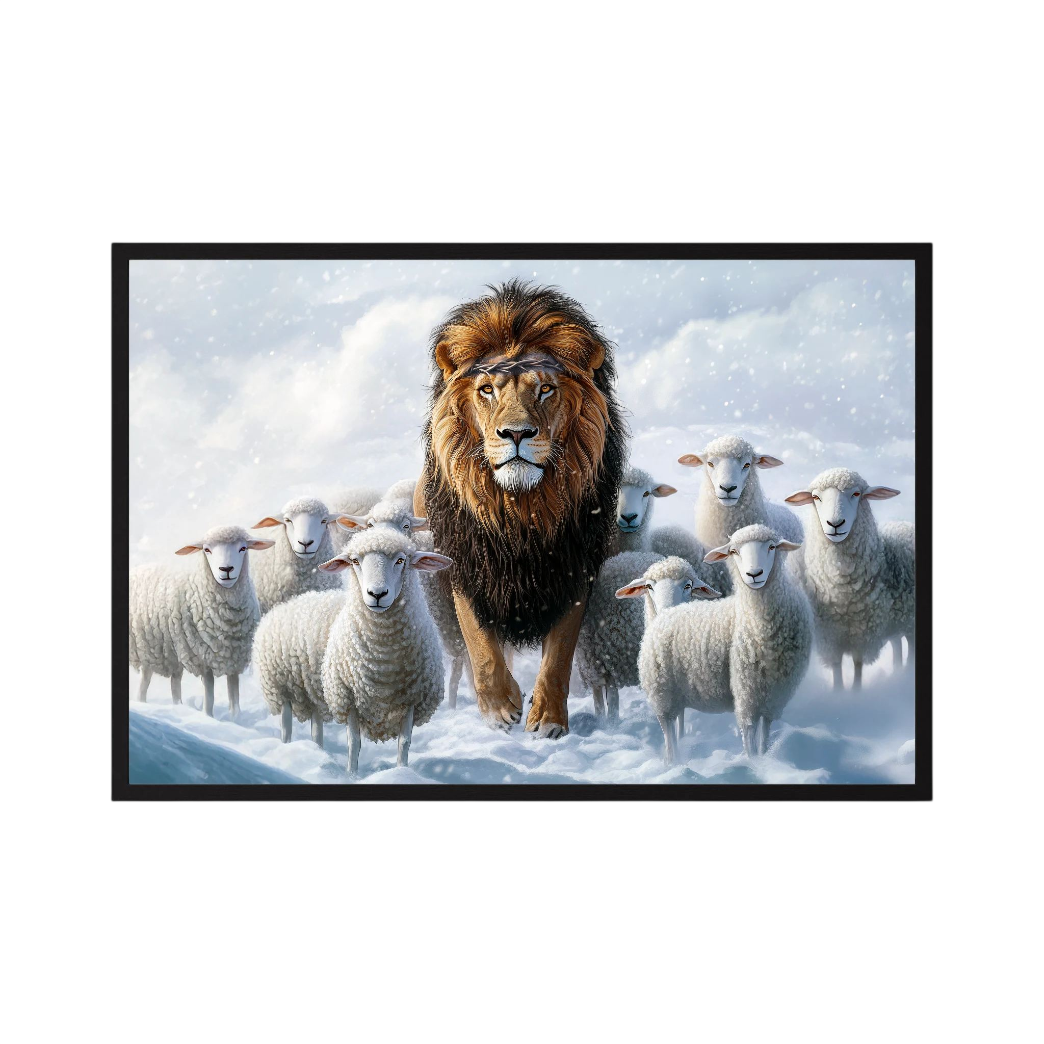 Golden-maned lion walks among white sheep through a softly lit snowy landscape, shown in product view 2.