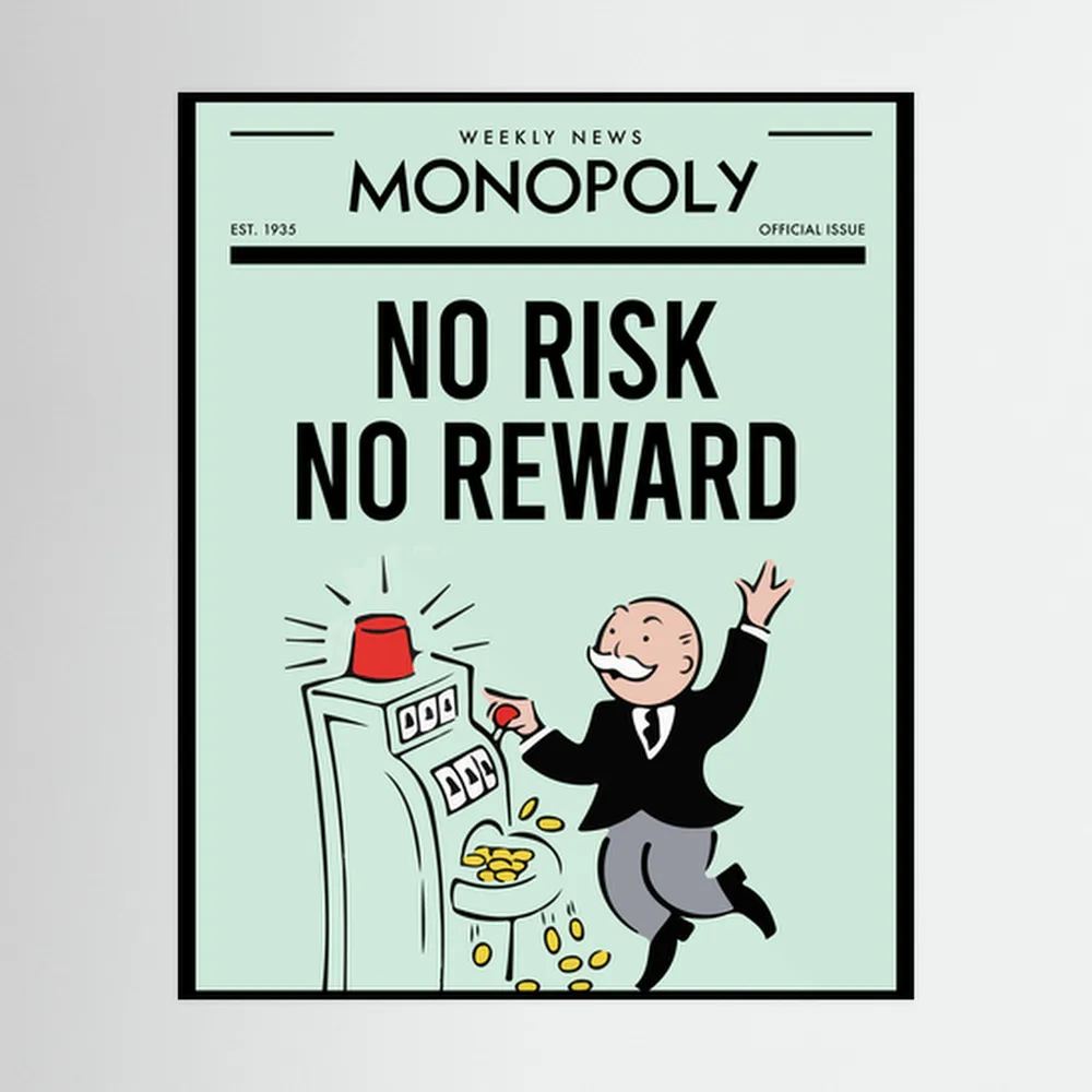 Retro money-themed poster reading no risk no reward beside a top-hatted figure at a slot machine, shown in product view 3.