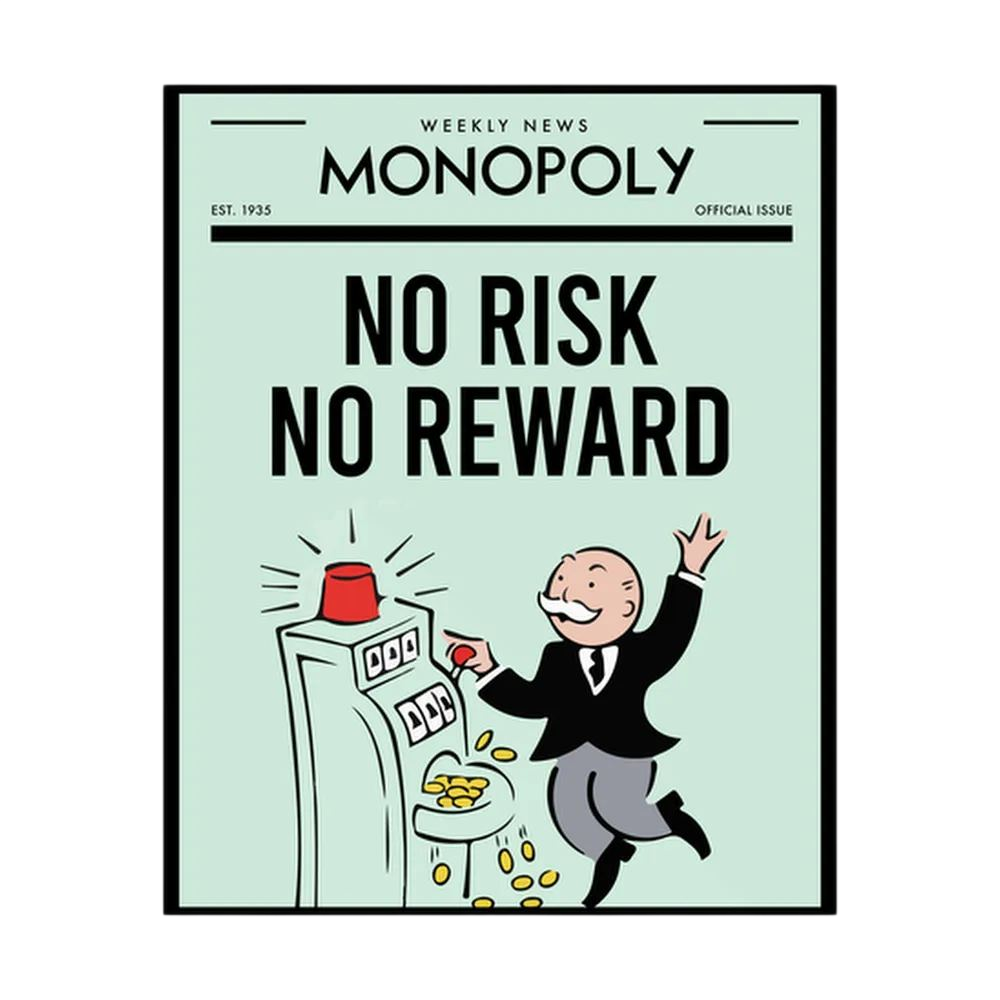 Retro money-themed poster reading no risk no reward beside a top-hatted figure at a slot machine, shown in product view 3.