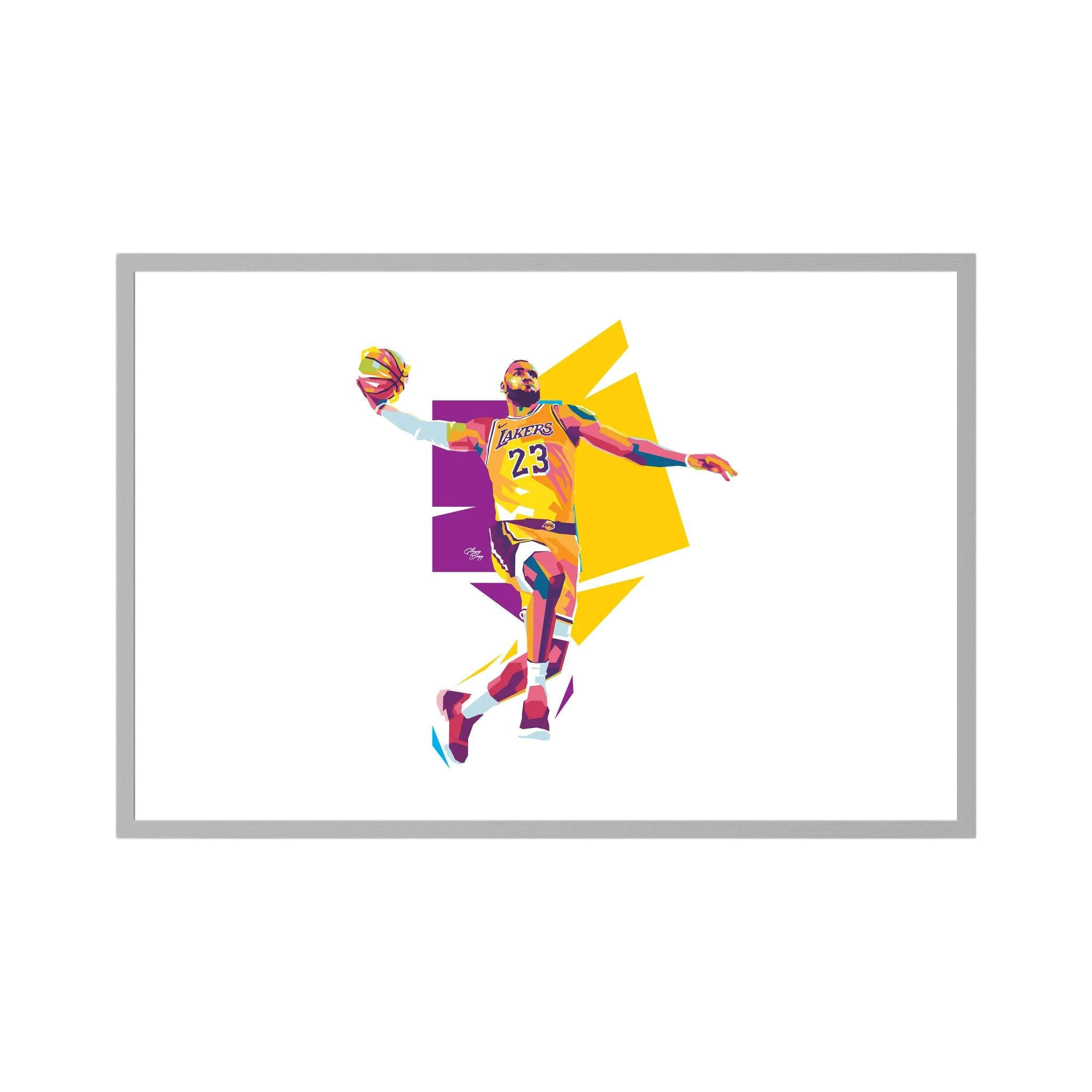 Stylised LeBron James in yellow and purple rises with a basketball against angular colour blocks on white, shown in product view 2.