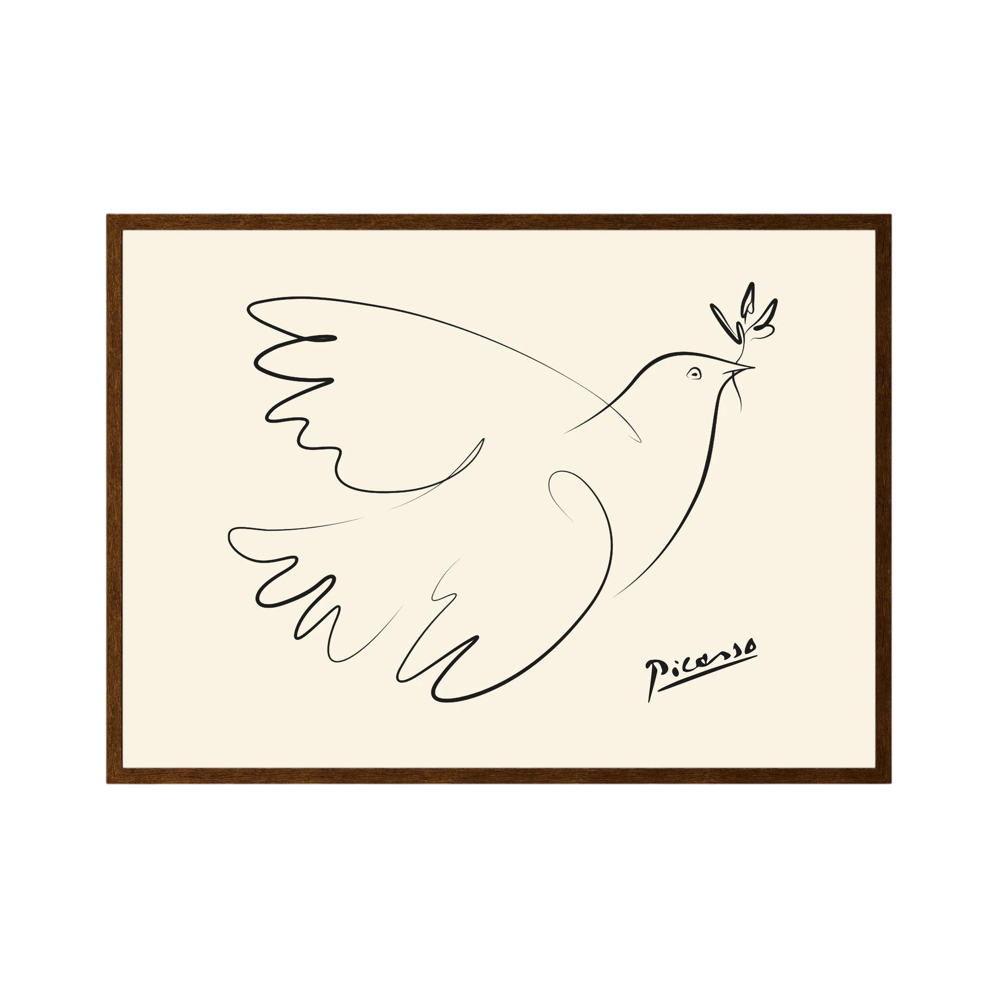 Minimal black line drawing of a flying dove carrying an olive branch on a warm cream background, shown in product view 2.
